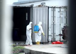 Personal de limpieza desinfecta uno de los contenedores donde se mantienen los cadáveres sin identificar, luego de las fallas presentadas en el sistema de refrigeración en los contenedores instalados en el Laboratorio de Criminalística y Ciencias Forenses de Guayaquil.