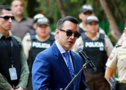 15 de agosto de 2024. AMBATO, Ecuador.- Noboa durante la entrega de las Unidades de Policía Comunitaria (UPC) de San Antonio y Santa Rosa, de Ambato.