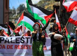 Una nutrida marcha de activistas desfiló por las calles del centro de la capital en el marco del primer aniversario del inicio de la guerra de Israel contra Hamás,.