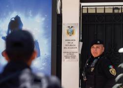 Policías de la Secretaria de Seguridad Pública resguardan con vallas metálicas las instalaciones de la embajada de Ecuador, este sábado, en la Ciudad de México (México).