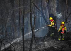 Bomberos lanzan agua para extinguir un incendio este jueves, en las laderas de la elevación conocida como El Panecillo, ubicado en el centro Histórico de Quito.