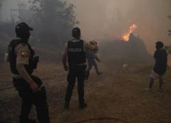 Policías asisten al lugar de un incendio forestal este martes, Guapulo, Quito (Ecuador).