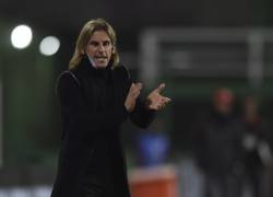 El entrenador argentino de Defensa y Justicia, Sebastián Beccacece, hace gestos durante el partido de fútbol de ida de octavos de final de la Copa Libertadores entre Defensa y Justicia de Argentina y Flamengo de Brasil, el 14 de julio de 2021.