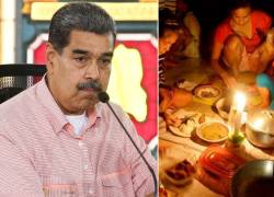 Combo de fotografías en las que aparece el mandatario de Venezuela, Nicolás Maduro, y una familia de estrato económico bajo comiendo una cena de navidad en medio de un apagón, como los registrados recientemente a gran escala en ese país.