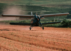 Fotografía referencial de una avioneta aterrizando en una pista en un sector rural.