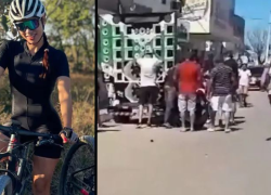 Fotografía de la ciclista Jaiane Oliveira, la izquierda, y la escena que se registró después de su accidente, a la derecha.