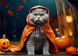 Un gato disfrazado con una capa naranja en Halloween.