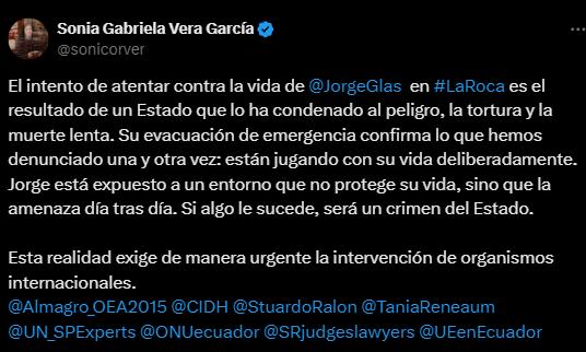 $!La abogada de Jorge Glas, Sonia Vera García, , informó sobre presunta evacuación en sus redes sociales.