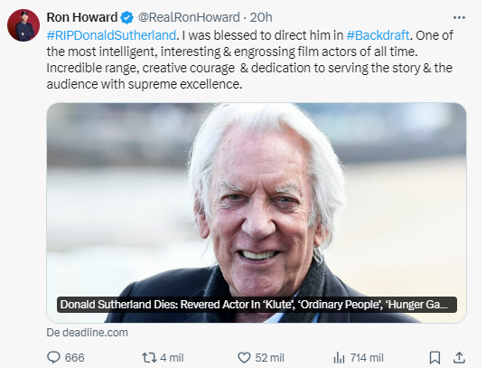 $!Captura de pantalla de X de la publicación realizada por Ron Howard, tras el fallecimiento de Donald Sutherland