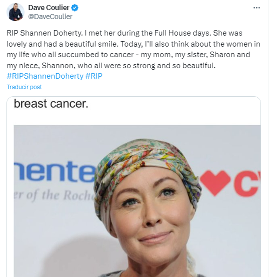 $!El actor Dave Coulier también escribió unas palabras en honor a la actriz Shannen Doherty.