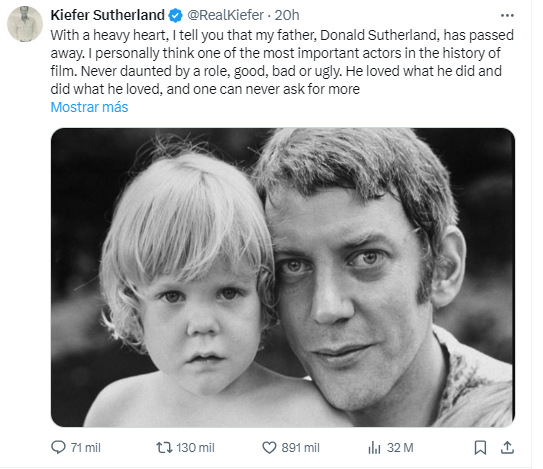 $!Publicación en la red social X ,del también actor Kiefer Sutherland, en la que anuncia el fallecimiento de su papá.