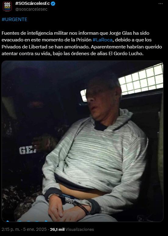 $!El colectivo SOS Cárceles Ecuador usó una imagen de archivo para informar sobre la salida no confirmada del exvicepresidente Glas.