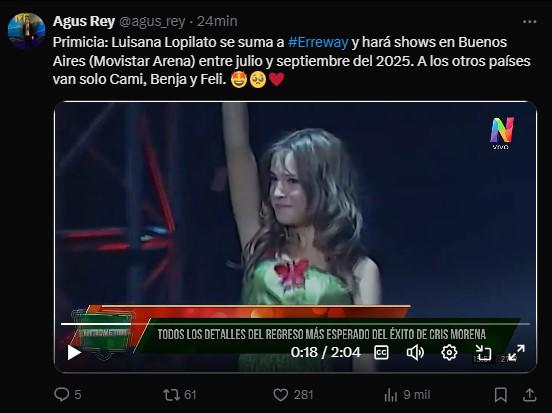 $!Captura de pantalla de X en la que el periodista @agus_rey dio la primicia de que Luisana se presentará en el reencuentro de Erreway en Buenos Aires.