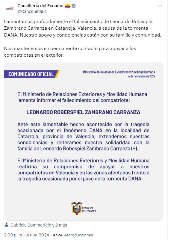 $!La Cancillería ecuatoriana informó sobre el deceso de Zambrano.