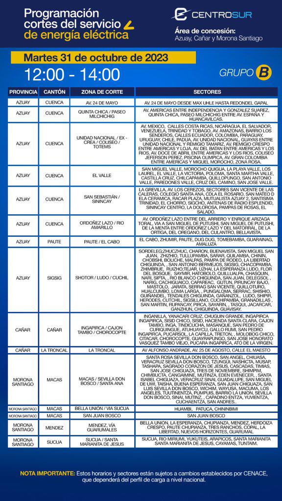 $!Cuenca y el Austro: horario de cortes de luz programado para este martes 31 de octubre