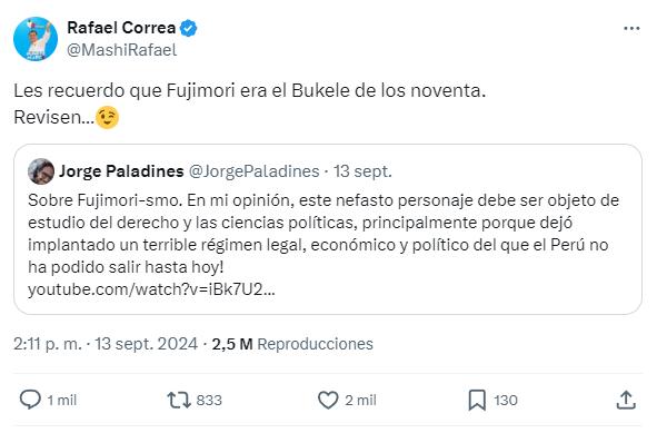 $!Correa comparó a Bukele con Fujimori en una publicación en X.