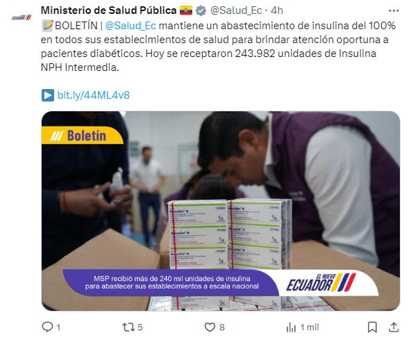 $!El Ministerio de Salud anunció el abastecimiento de insulina a través de sus redes sociales.