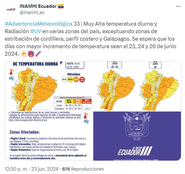 $!Incremento de temperatura está previsto desde las 13h00 del 23 de junio hasta las 16h00 del 26 de junio.