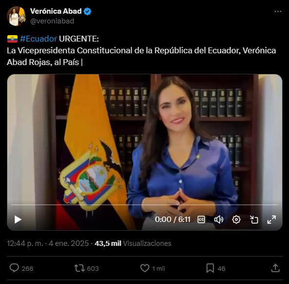 $!Verónica Abad anunció que asumirá la presidencia de Ecuador el 5 de Enero