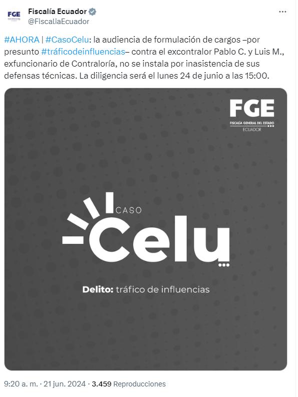 $!La Fiscalía anunció la audiencia en contra de Celi a través de sus redes sociales.