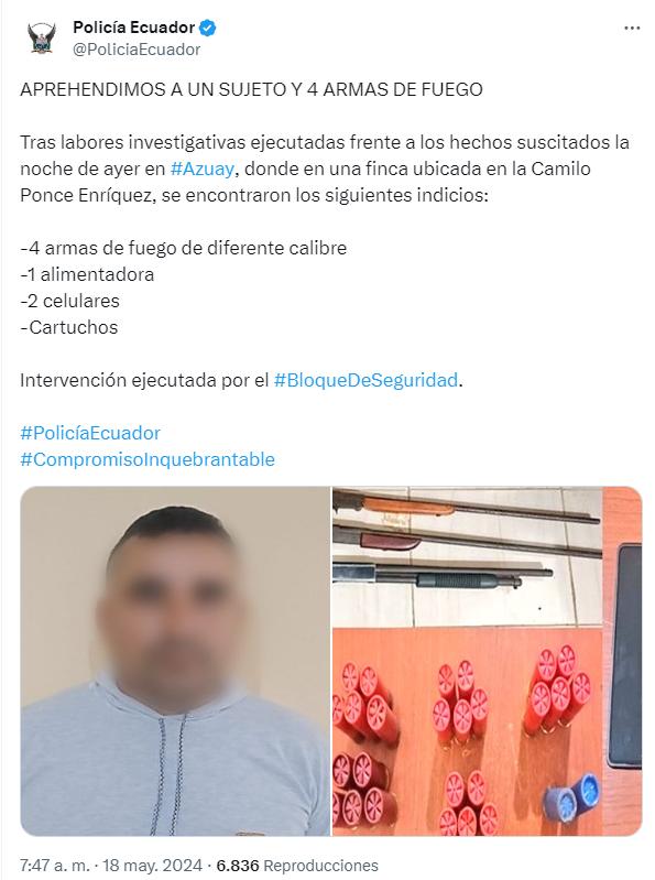 $!La Policía informó de la detención de un sospechoso vinculado al ataque armado en Camilo Ponce Enríquez.