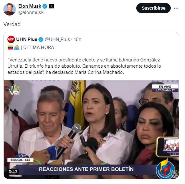 $!Desde este lunes, Musk ha realizado múltiples publicaciones en las que tacha el triunfo electoral de Maduro como un fraude y se refiere a él como un payaso.