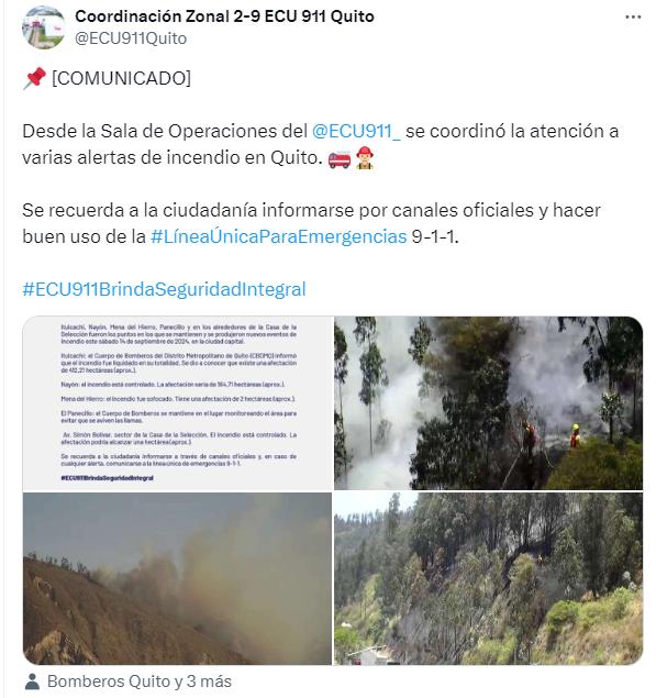 $!El ECU 911 compartió el estado de los incendios registrados en la capital.