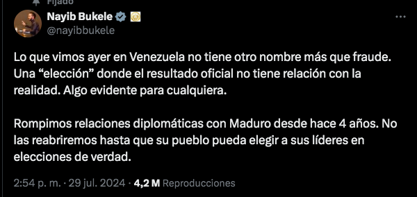 $!Nayib Bukele rompe el silencio sobre elecciones en Venezuela: 'No tiene otro nombre más que fraude'