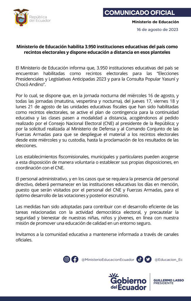 $!Clases en planteles fiscales habilitados como recintos electorales pasan a modalidad en línea, a pocos días de las elecciones en Ecuador