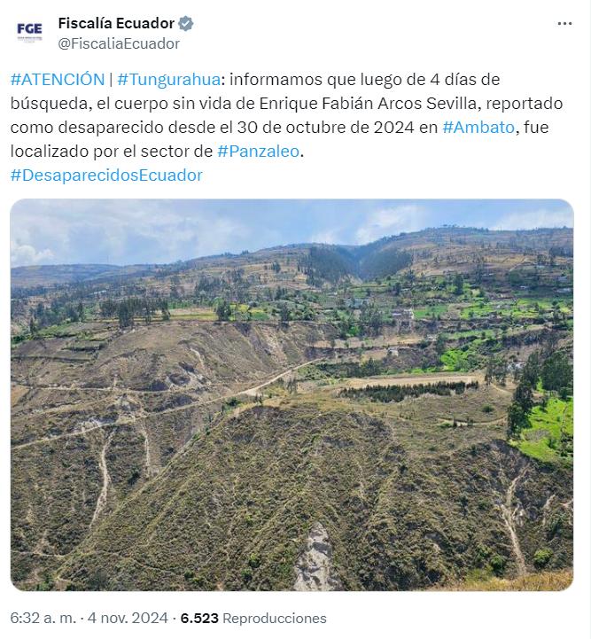 $!La Fiscalía reportó el hallazgo del cuerpo de Arcos en sus redes sociales.