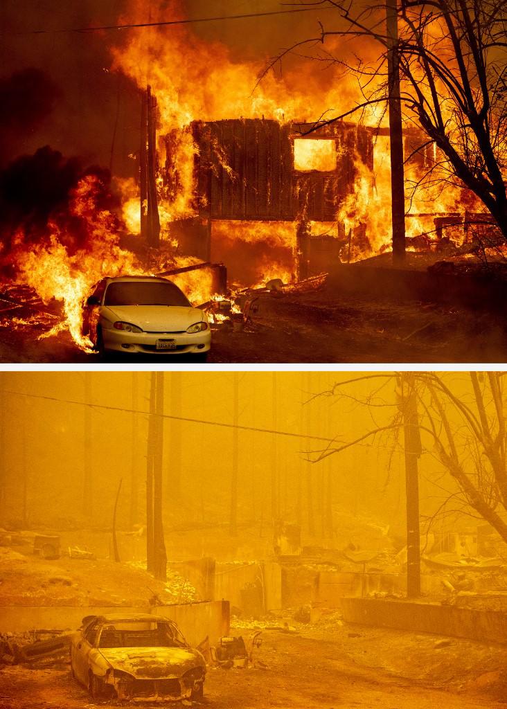 $!El antes y después del incendio que arrasó Greenville, en California.