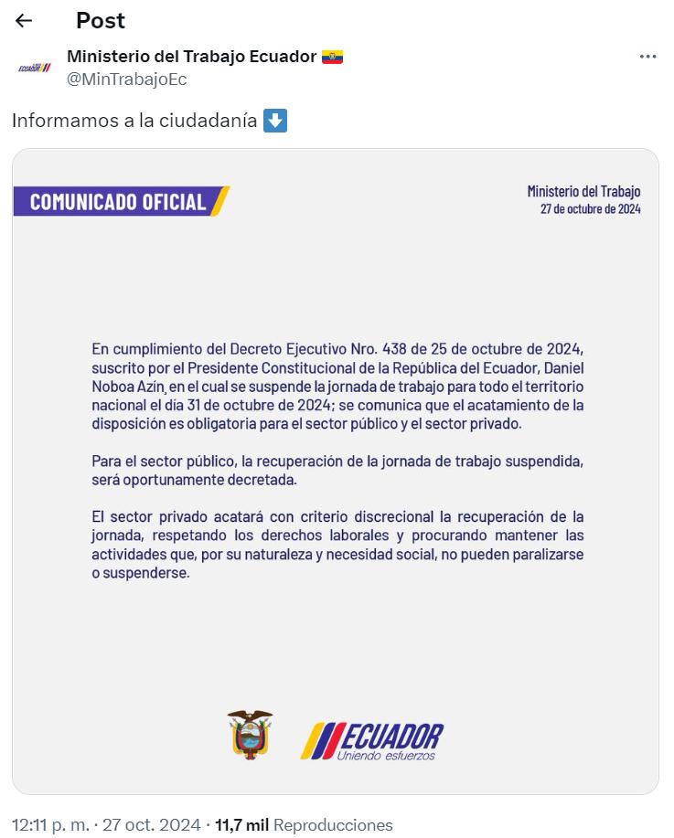 $!El Ministerio de Trabajo enfatizó el descanso obligatorio decretado por el Gobierno el 31 de octubre de 2024.