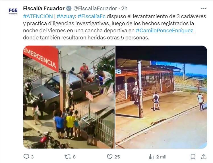 $!La Fiscalía informó del ataque que enluta al cantón Camilo Ponce Enríquez, en Azuay.