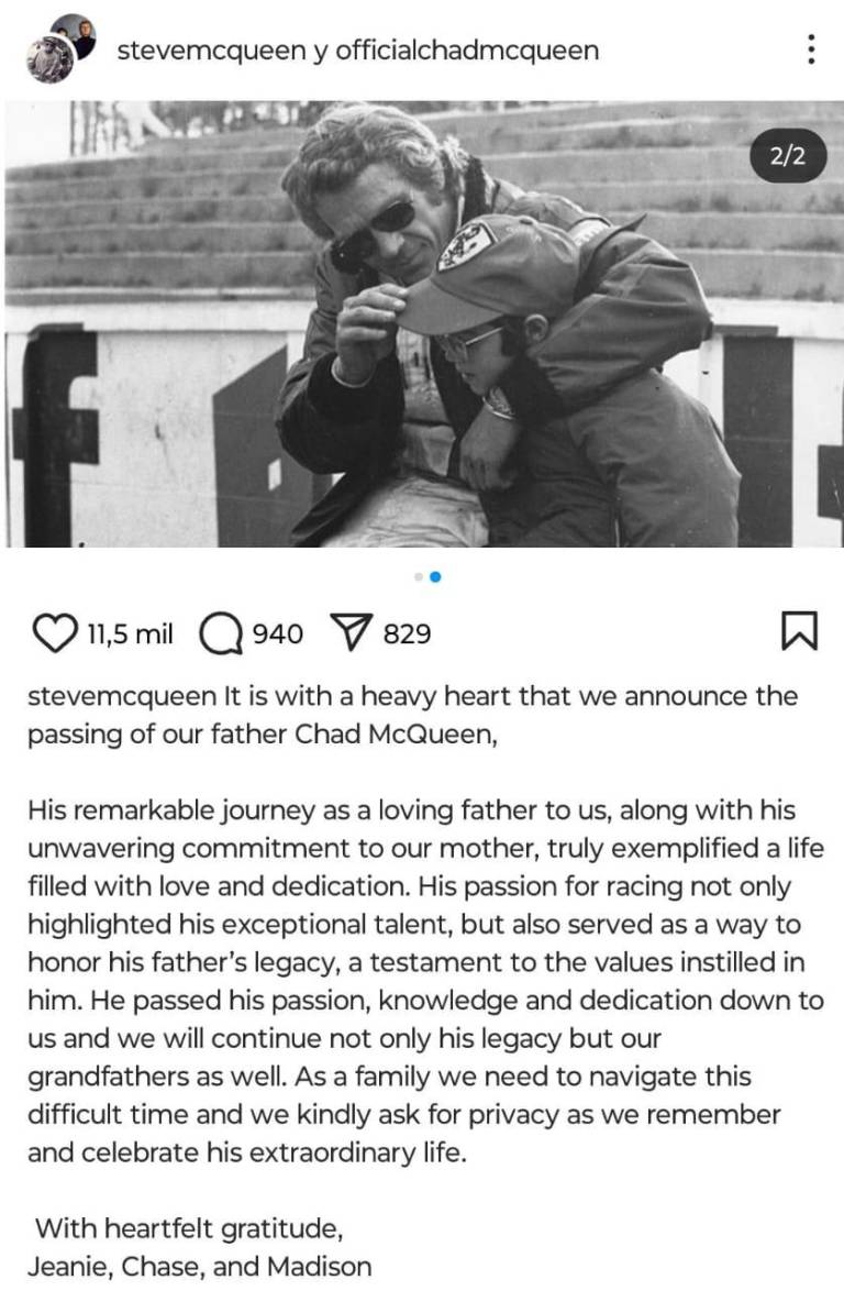 $!La familia de Chad McQueen anunció su fallecimiento en la cuenta de Instagram del actor.