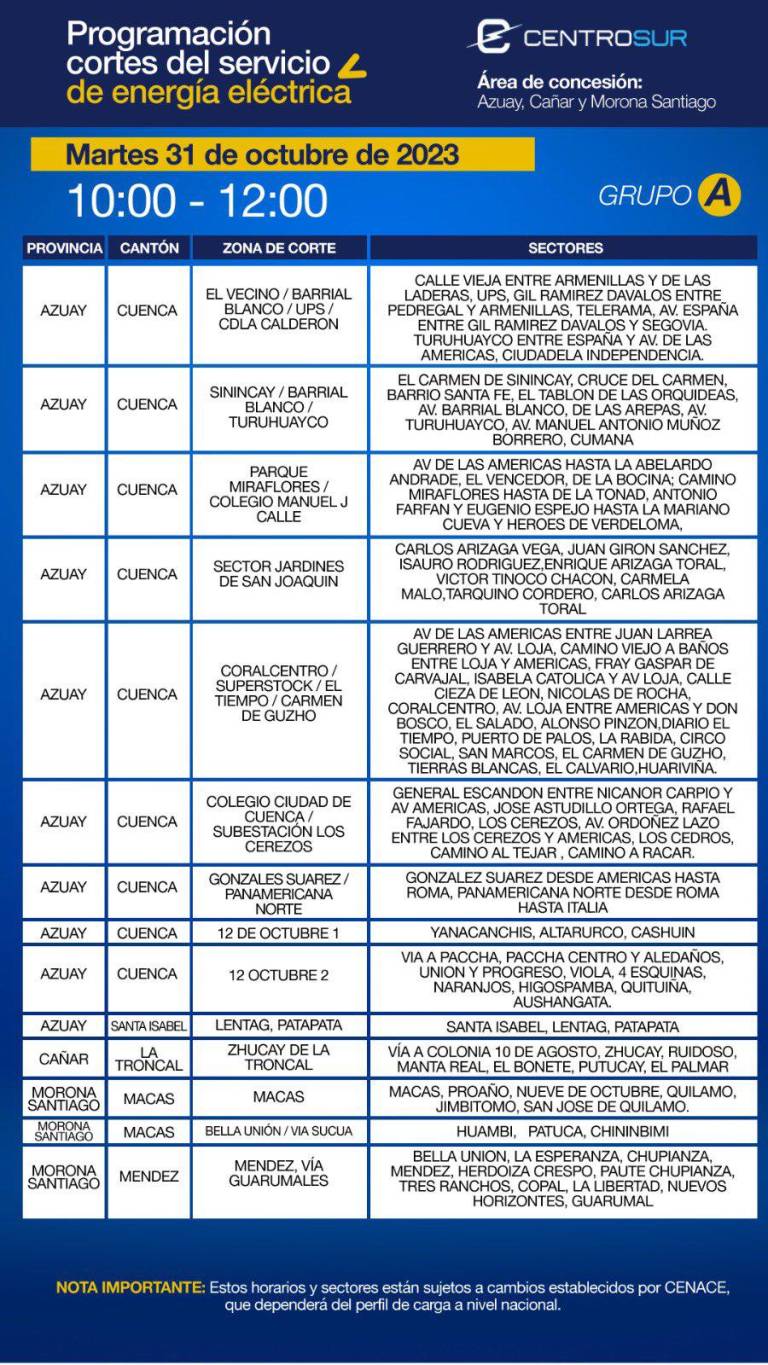 $!Cuenca y el Austro: horario de cortes de luz programado para este martes 31 de octubre