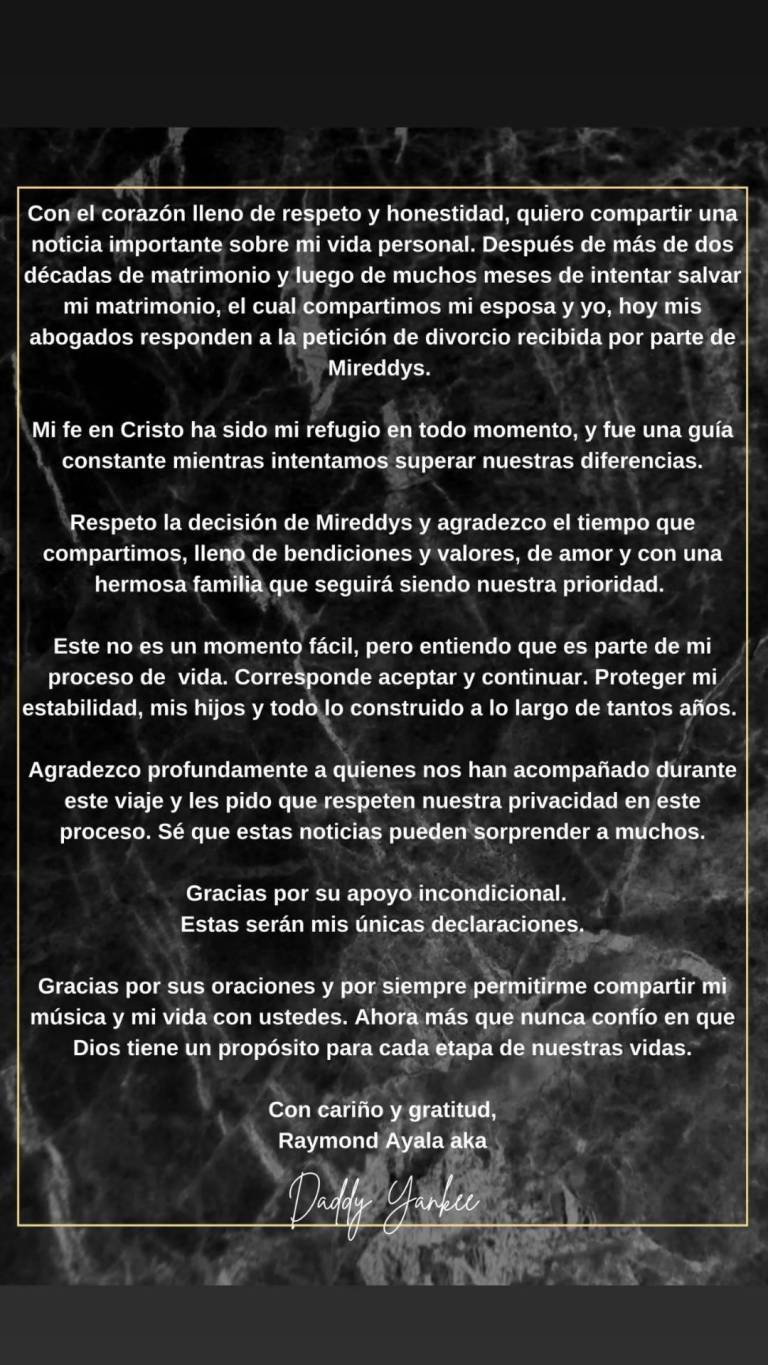 $!El cantante compartió el comunicado en sus redes sociales, oficializando la separación.