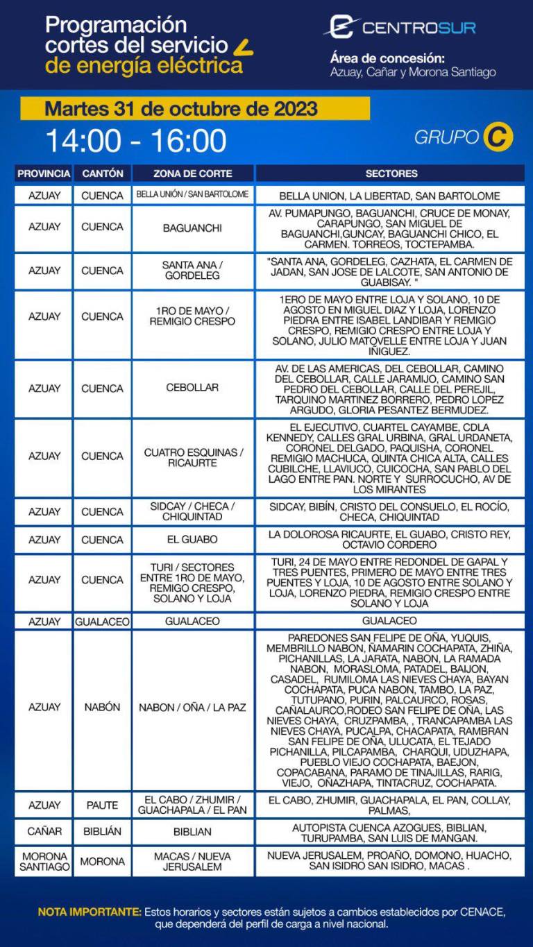 $!Cuenca y el Austro: horario de cortes de luz programado para este martes 31 de octubre