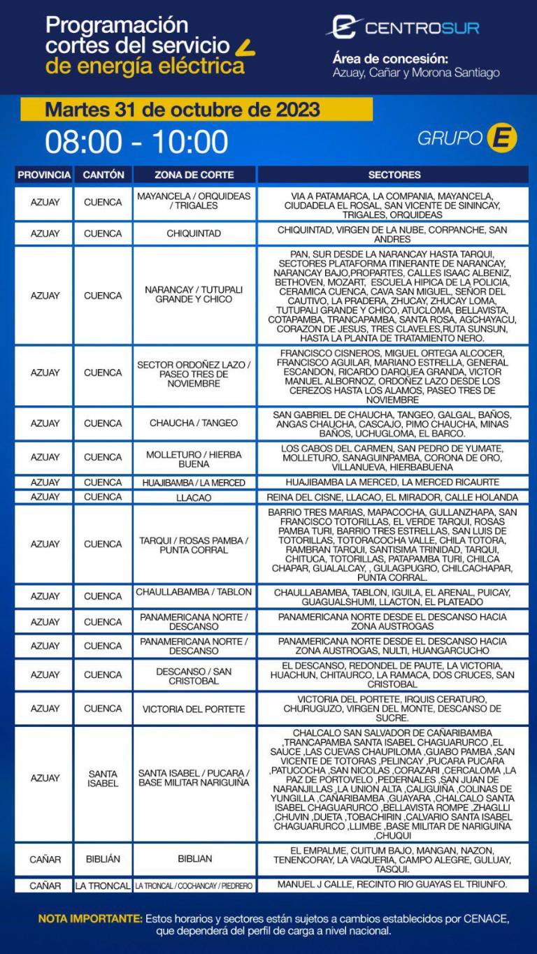 $!Cuenca y el Austro: horario de cortes de luz programado para este martes 31 de octubre