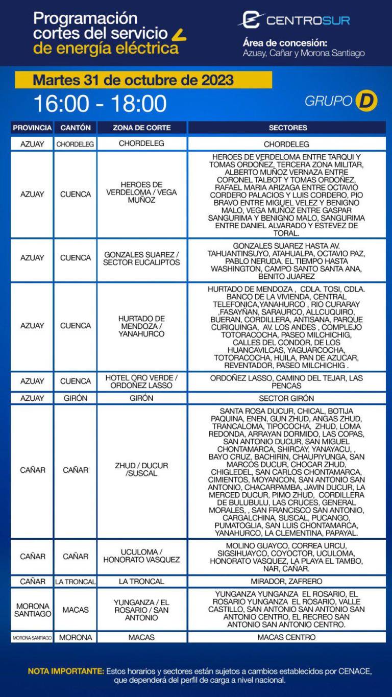 $!Cuenca y el Austro: horario de cortes de luz programado para este martes 31 de octubre