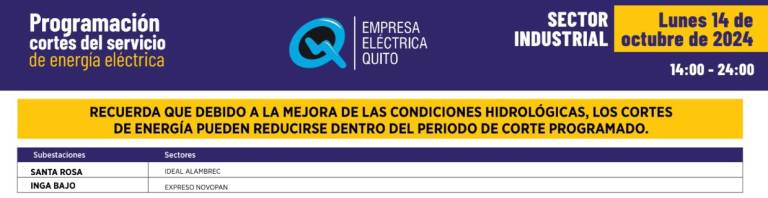 $!Horarios de cortes de luz en Quito este 14 de octubre: hay sectores que enfrentarán apagones de 14h00 a 24h00