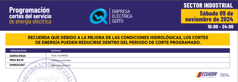 $!Nuevos horarios de cortes de luz en Quito, este sábado 9 de noviembre: apagones de hasta 12 horas