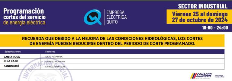 $!Publican nuevos horarios de cortes de luz en Quito para este viernes 25 de octubre: ¡hasta 14 horas de apagón continuo!