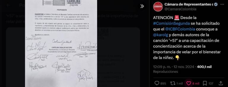 $!La carta en la que se realiza la solicitud de la Cámara de Representantes colombianos para que los autores de +57 sean capacitados sobre los derechos de los niños.