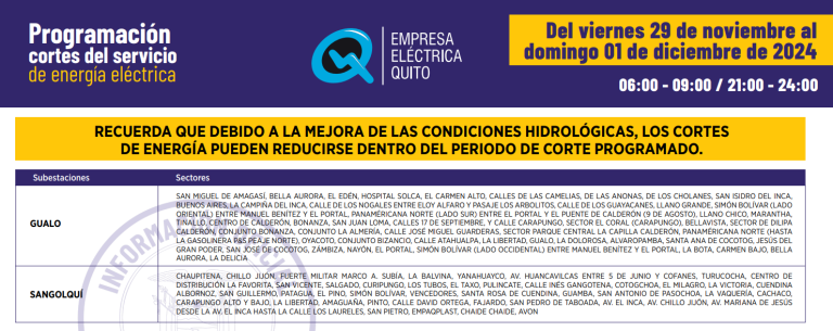 $!Cortes de luz en Quito: horarios del viernes 29 de noviembre al domingo 1 de diciembre