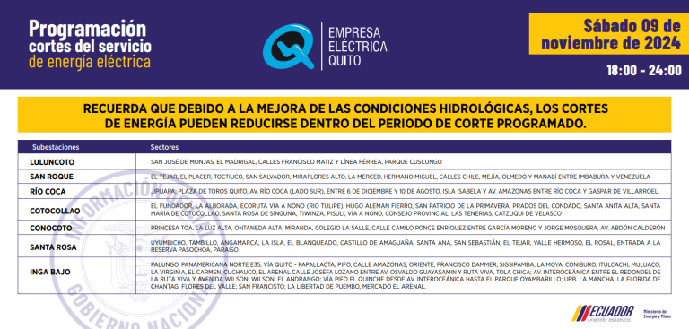 $!Nuevos horarios de cortes de luz en Quito, este sábado 9 de noviembre: apagones de hasta 12 horas