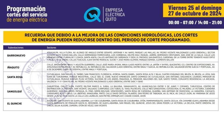 $!Publican nuevos horarios de cortes de luz en Quito para este viernes 25 de octubre: ¡hasta 14 horas de apagón continuo!