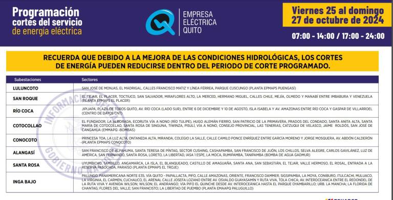 $!Publican nuevos horarios de cortes de luz en Quito para este viernes 25 de octubre: ¡hasta 14 horas de apagón continuo!