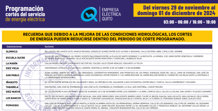 $!Cortes de luz en Quito: horarios del viernes 29 de noviembre al domingo 1 de diciembre