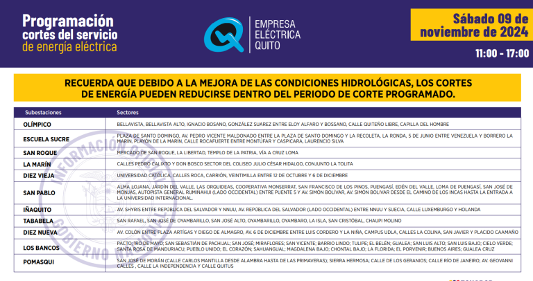 $!Nuevos horarios de cortes de luz en Quito, este sábado 9 de noviembre: apagones de hasta 12 horas