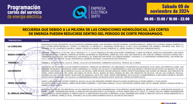 $!Nuevos horarios de cortes de luz en Quito, este sábado 9 de noviembre: apagones de hasta 12 horas